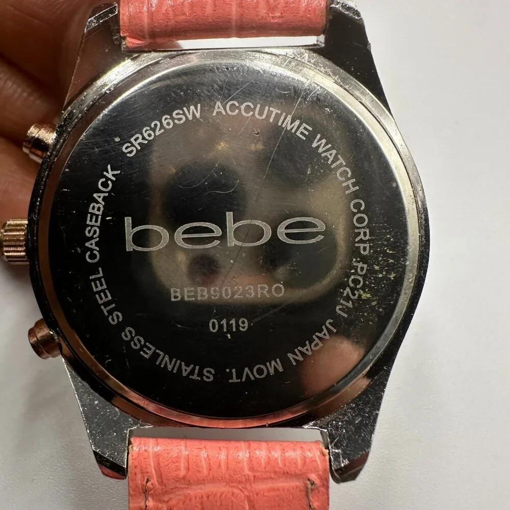 Bebe Watch Women Silver Rose Gold Tone Faux Chronograph Pave Crystal Bezel 9